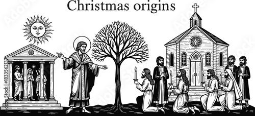 Ancient figures and church scene with sun and tree illustration vector