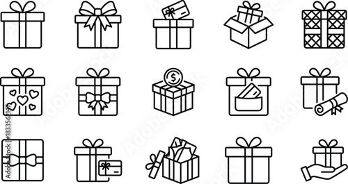 Minimalist gift box icons collection with ribbons, presents, line art style, celebration symbols, festive outline graphics for holiday design