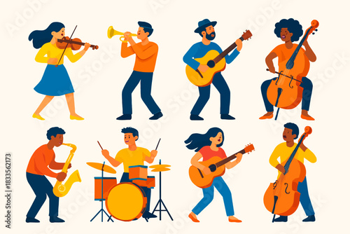 Diverse group of cartoon musicians playing various instruments together.