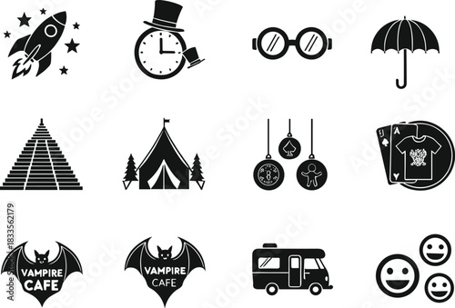 Black Icons Rocket Ship Pyramid Tent Umbrella Glasses Vampire Cafe Camper Van stars space
