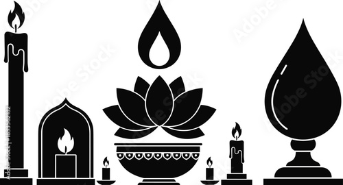 Black silhouette of candles lotus flower and decorative objects on white background flame water drop
