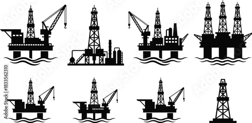 Set of offshore oil rigs and drilling platform silhouettes for petroleum industry, energy production, industrial infrastructure, fuel extraction graphics