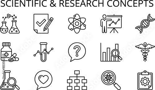 Scientific research icons collection featuring laboratory equipment, medical symbols, data analysis, DNA structure, experiment tools, innovation concepts for education and science resources