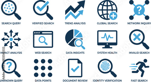 Search and analytics icon set with data insights, global search, trend analysis, web search, system health, identity verification, document review graphics