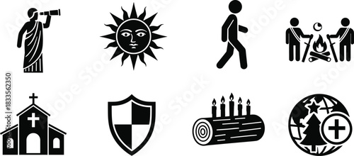 Collection of eight black and white silhouette icons representing various concepts symbol