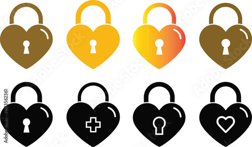 Collection of eight heart shaped lock icons in various colors and styles heart lock padlock