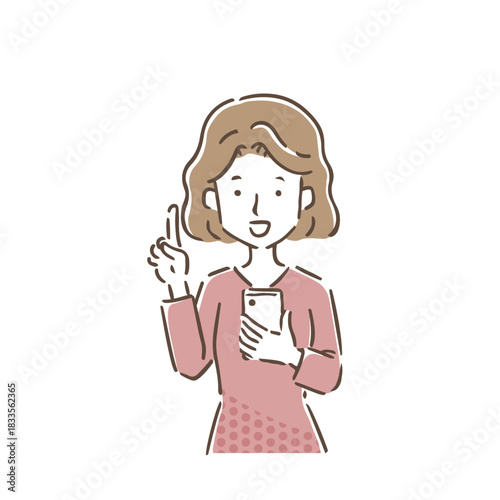 スマートフォンを持って人差し指を立てている若い女性