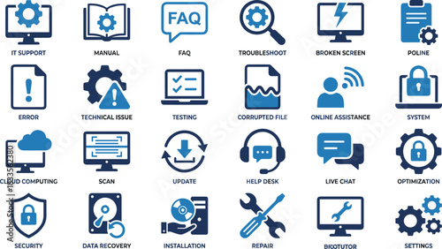 Technical support icons collection with computer troubleshooting symbols, repair tools, security elements, online assistance graphics, IT service illustration set