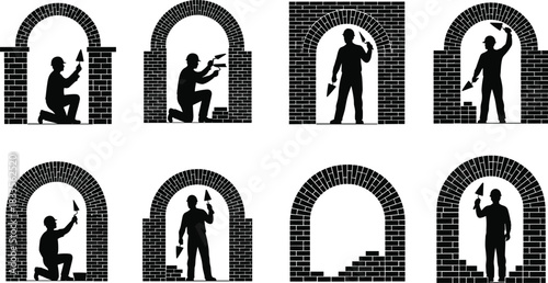 Silhouettes of bricklayers building arches with trowels and bricks mason construction