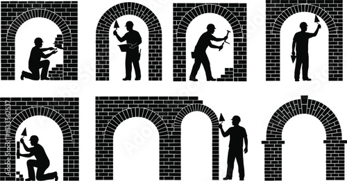 Silhouettes of bricklayers constructing arched doorways and walls mason construction