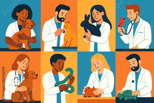 Diverse Group of Veterinarians Caring for Various Animals in a Clinic Setting.