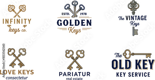 Six vintage key logos with text and decorative elements emblem