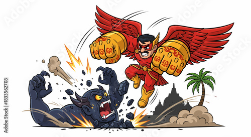 Superhero with red wings and golden gauntlets fighting a black monster.