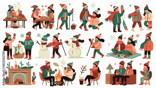 Cozy Winter Activities Set: People Outdoors and Indoors