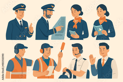 Diverse group of airport and airline staff in various uniforms and roles.