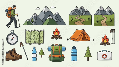 Hand-drawn collection of hiking and camping essentials for outdoor adventures.