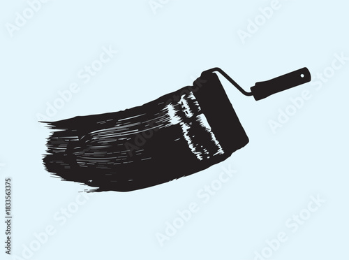 Simple black silhouette of roller creating artistic paint streak on white

