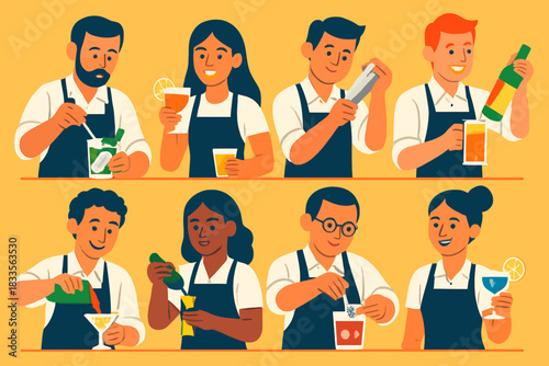 Diverse group of bartenders crafting various cocktails and beverages with skill.