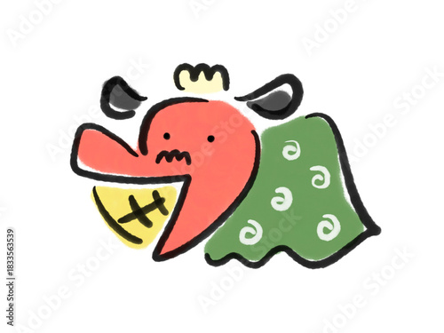 墨絵のかわいい笑顔の獅子舞　正月素材