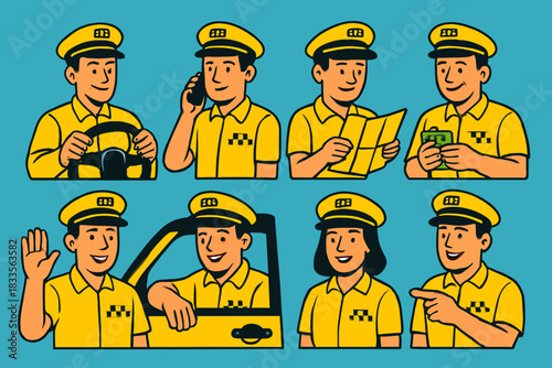 Collection of taxi drivers in various poses and situations, ready to serve passengers.