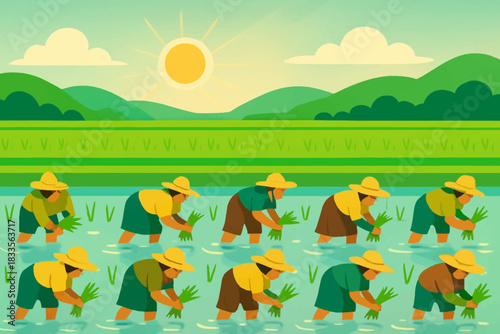 Farmers planting rice in a paddy field during sunrise.