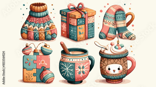Cozy Winter Holiday Doodles: Knitted Gift and Hot Chocolate