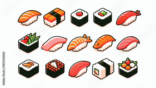Cute Cartoon Sushi Icons and Stickers Set