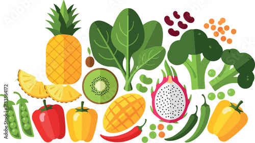 Colorful Array of Fresh Fruits and Vegetables Illustration