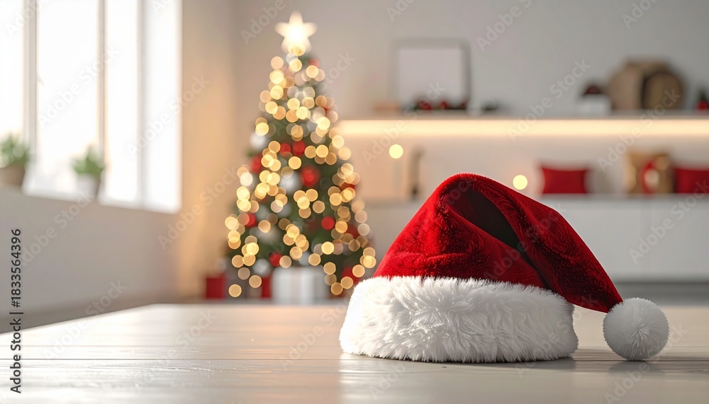 Fototapeta premium Cozy Christmas Interior with Santa Hat on Wooden Table and Holiday Lights