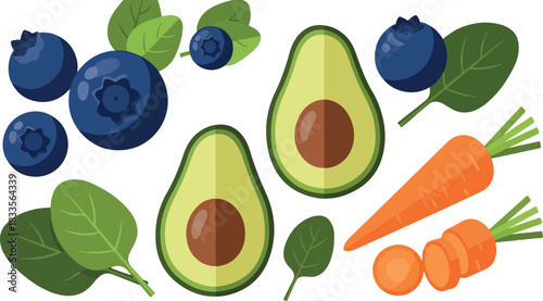 Fresh and Healthy Fruits, Vegetables, and Leafy Greens Assortment on White Background