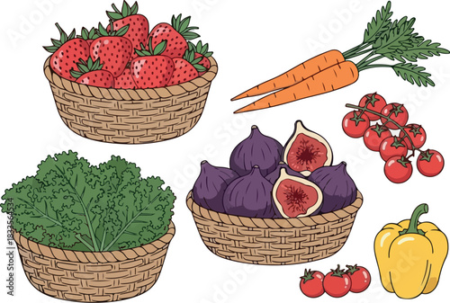 An appealing variety of fresh, healthy produce ripe strawberries, crisp carrots, juicy figs, leafy greens, and a colorful bell pepper, perfect for nutritious cooking and eating