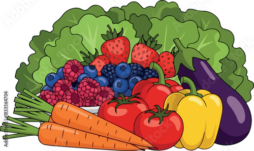A vibrant and colorful illustration showcasing a bountiful harvest of fresh fruits and vegetables for healthy eating and a balanced diet