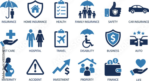 Comprehensive insurance and safety icon set featuring health, family, finance, property, travel, maternity, business protection, accident coverage, and medical care symbols