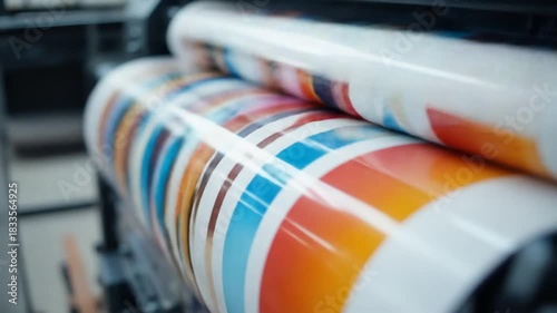 A large format digital printer in action, printing color graphics onto a roll of vinyl. 4k video