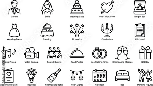 Collection of elegant wedding line icons showing ceremony elements, decorations, celebration symbols, romantic details, and event essentials for invitations and graphic design projects