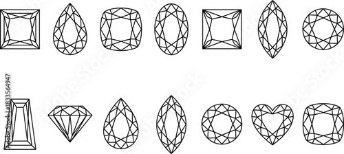 Collection of gemstone shapes and diamond cut outlines featuring elegant jewelry designs, precious stone silhouettes, faceted gem icons, and luxury patterns