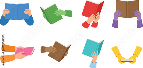 Collection of diverse colorful hands holding books, reading activities, study concepts, education illustrations, learning habits, literature icons, academic reading graphics
