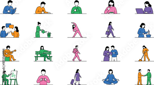Collection of colorful lifestyle illustrations showing people performing daily activities, hobbies, relaxation, communication, exercise, travel, and creative actions for modern design projects