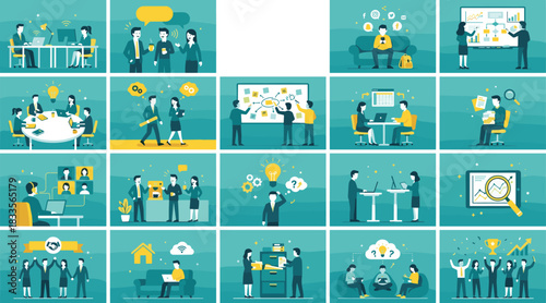 Business teamwork and office collaboration illustrations showing communication, brainstorming, remote work, project management, data analysis, productivity, teamwork success, modern workplace concepts