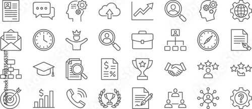 Business management icons collection with office workflow symbols, productivity elements, career development graphics, financial analytics signs, leadership and communication line art illustrations