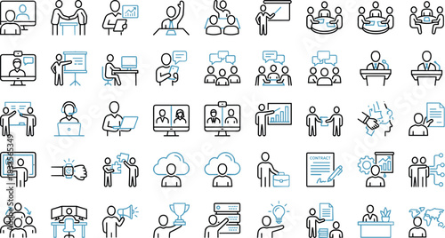 Business communication and teamwork line icons illustrating meetings, presentations, collaboration, remote work, leadership, project management, contracts, strategy and digital workplace concepts