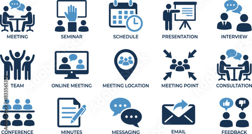 Business communication and meeting icons collection featuring teamwork, presentation, schedule, consultation, online meeting, messaging, email, feedback, professional office symbols, vector set