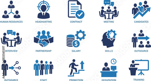Business and human resources icon set showing recruitment, interview, contract, partnership, skills, staff management, training, promotion, outsourcing, corporate teamwork graphics