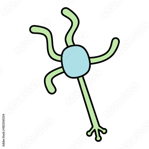 Stylized illustration of a single neuron with a light blue cell body and green dendrites and axon against a black background conveying a simple scientific concept
