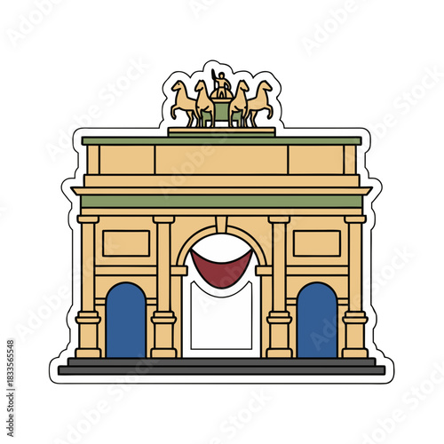 Stylized Illustration of the Brandenburg Gate Monument in Berlin With Beige Facade Green Accents Blue Arches and a Chariot Sculpture on Top Detailed Architectural Drawing in a Simple Flat Design