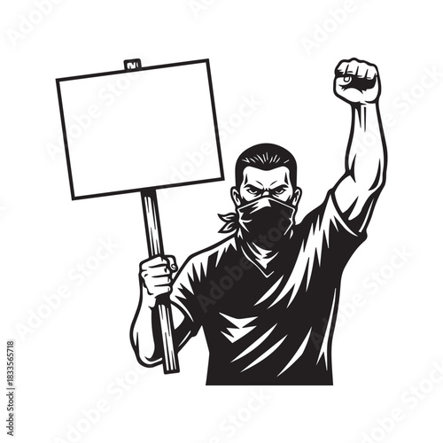 Protester wearing face mask holding blank sign and raising fist vector illustration.
