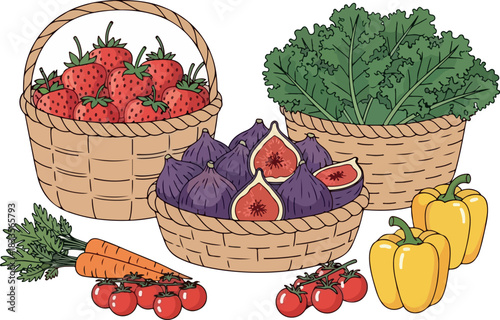 A vibrant illustration of fresh, healthy produce. Featuring strawberries, figs, kale, carrots, tomatoes, and bell peppers, ideal for nutritious meals and a balanced diet