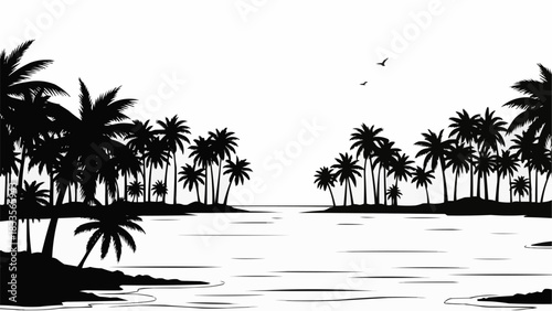 Tropical paradise with palm trees silhouetted against the water.