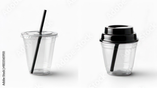 Two clear plastic disposable cups with black lids and straws