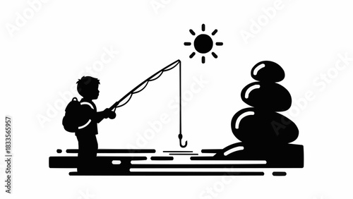Silhouette of a person with a backpack fishing on a sunny day.